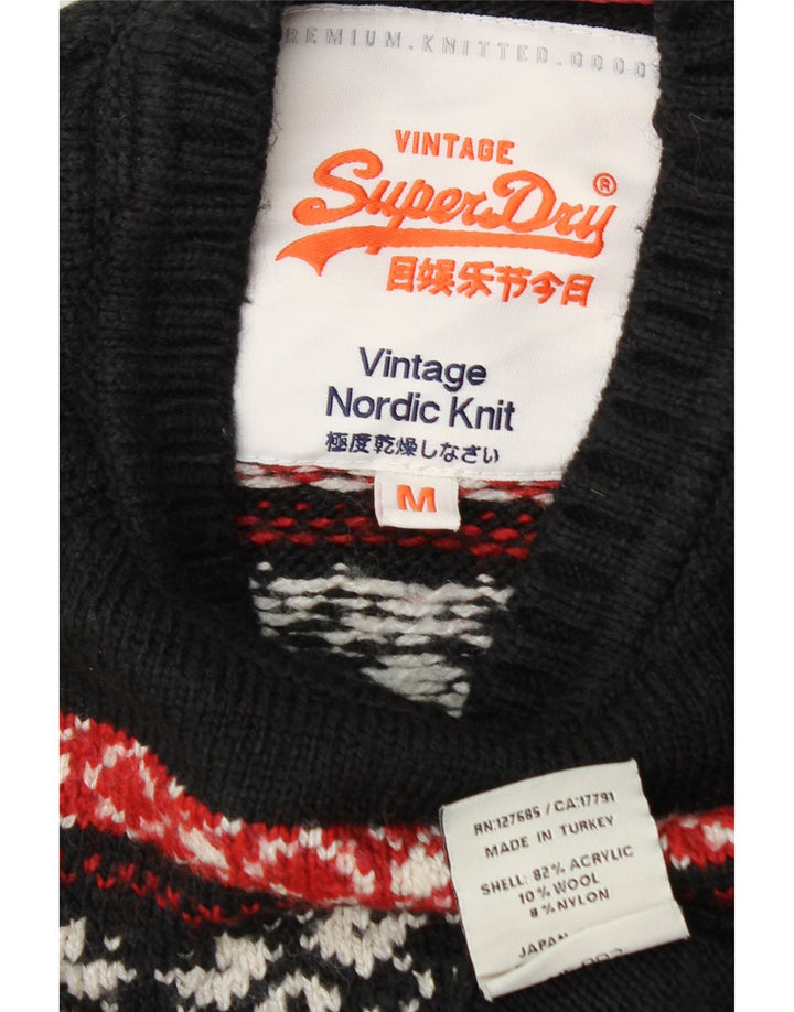 Superdry Mens Boat Neck Jumper Sweater Medium Black Fair Isle Acrylic