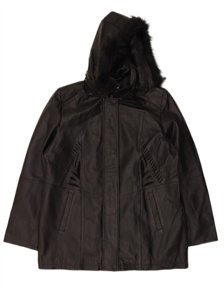 VINTAGE Womens Hooded Leather Jacket UK 18 XL Black Leather