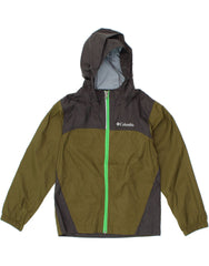 COLUMBIA Boys Hooded Rain Jacket 6-7 Years XS Khaki Colourblock Nylon