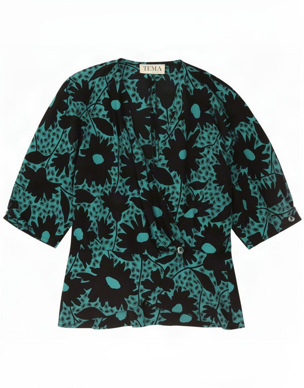 Vintage Womens 3/4 Sleeve Blouse Top UK 12 Medium Green Floral