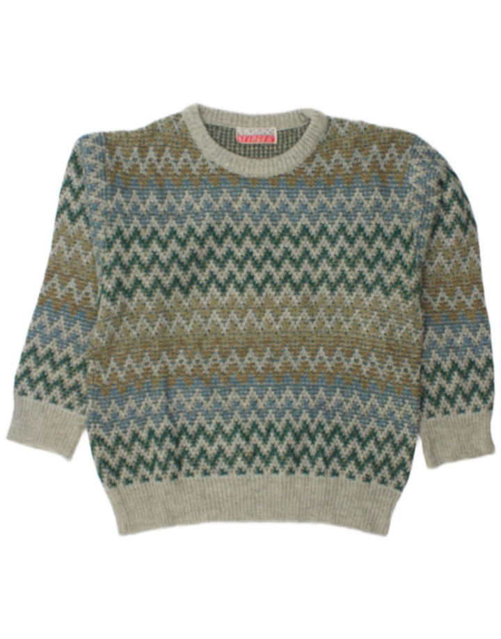 Vintage Mens Crew Neck Jumper Sweater Large Green Geometric Wool