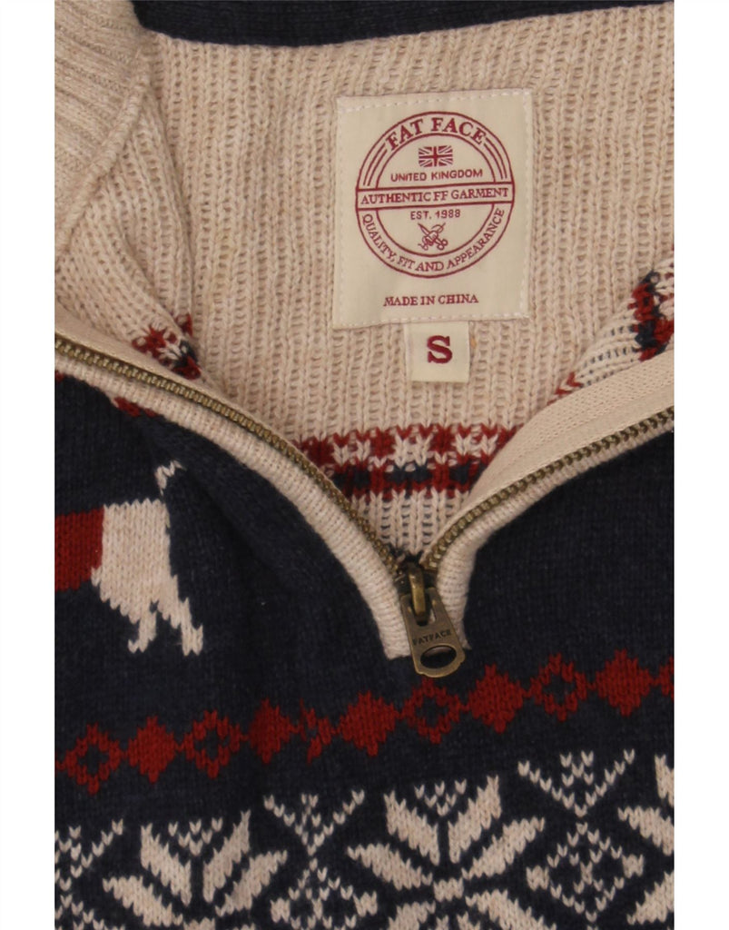 FAT FACE Mens Zip Neck Jumper Sweater Small Navy Blue Fair Isle Cotton Vintage Fat Face and Second-Hand Fat Face from Messina Hembry 