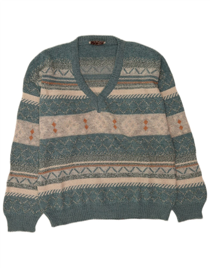 Vintage Mens V-Neck Jumper Sweater Large Blue Fair Isle Wool