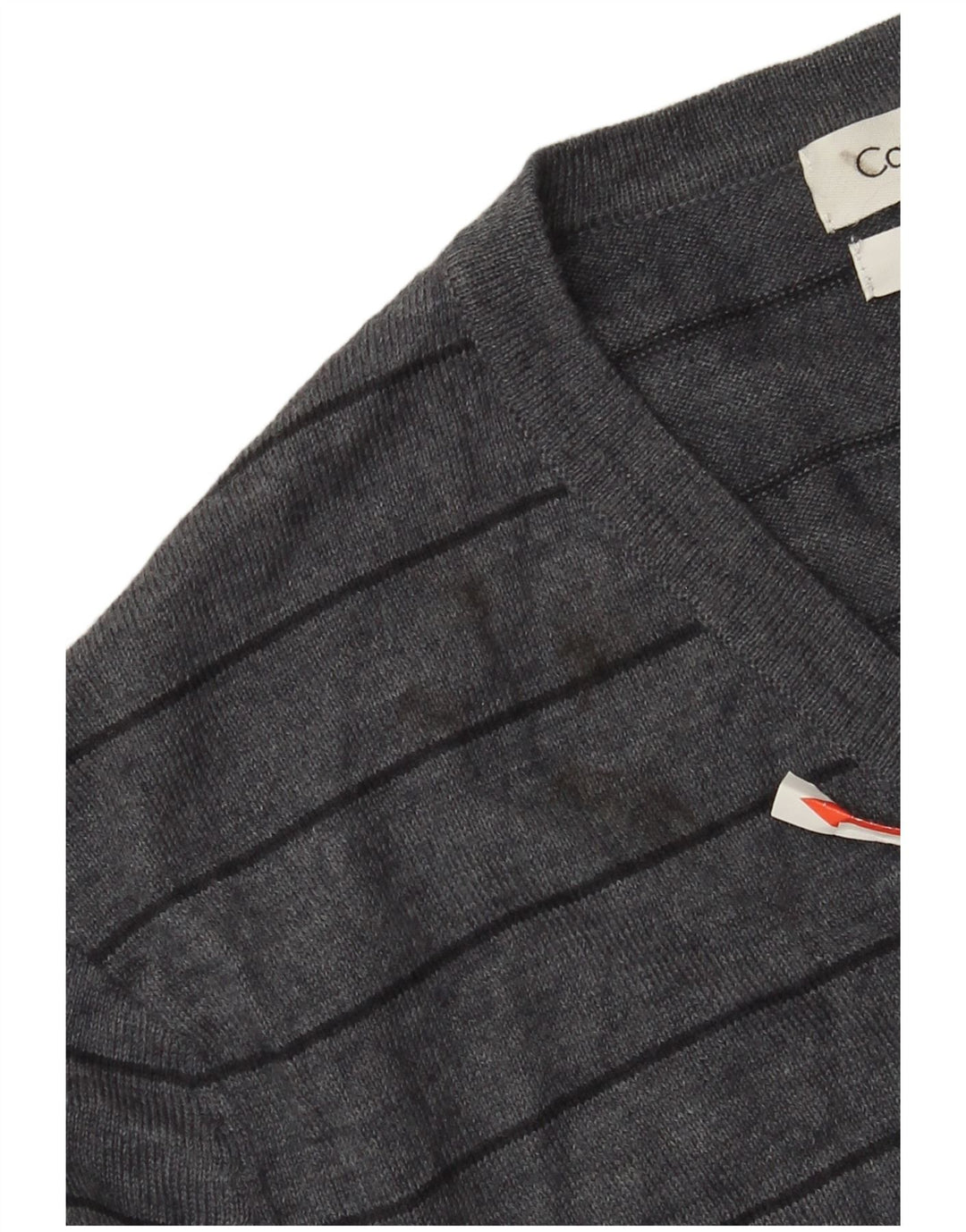 Calvin Klein Mens V-Neck Jumper Sweater Medium Grey Striped Merino Wool