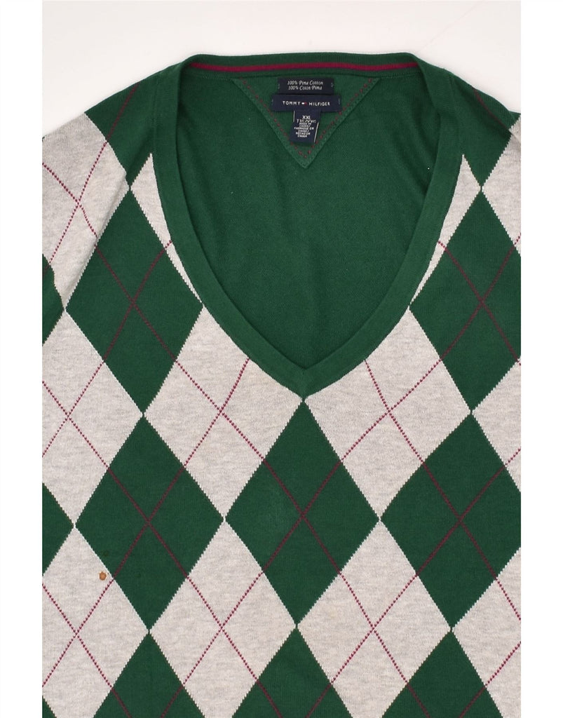 TOMMY HILFIGER Mens Tall V-Neck Jumper Sweater 2XL Green Argyle/Diamond | Vintage Tommy Hilfiger | Thrift | Second-Hand Tommy Hilfiger | Used Clothing | Messina Hembry 