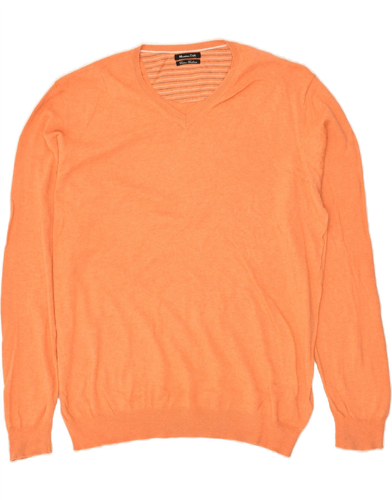 MASSIMO DUTTI Mens V-Neck Jumper Sweater  Large Orange Cotton | Vintage Massimo Dutti | Thrift | Second-Hand Massimo Dutti | Used Clothing | Messina Hembry 