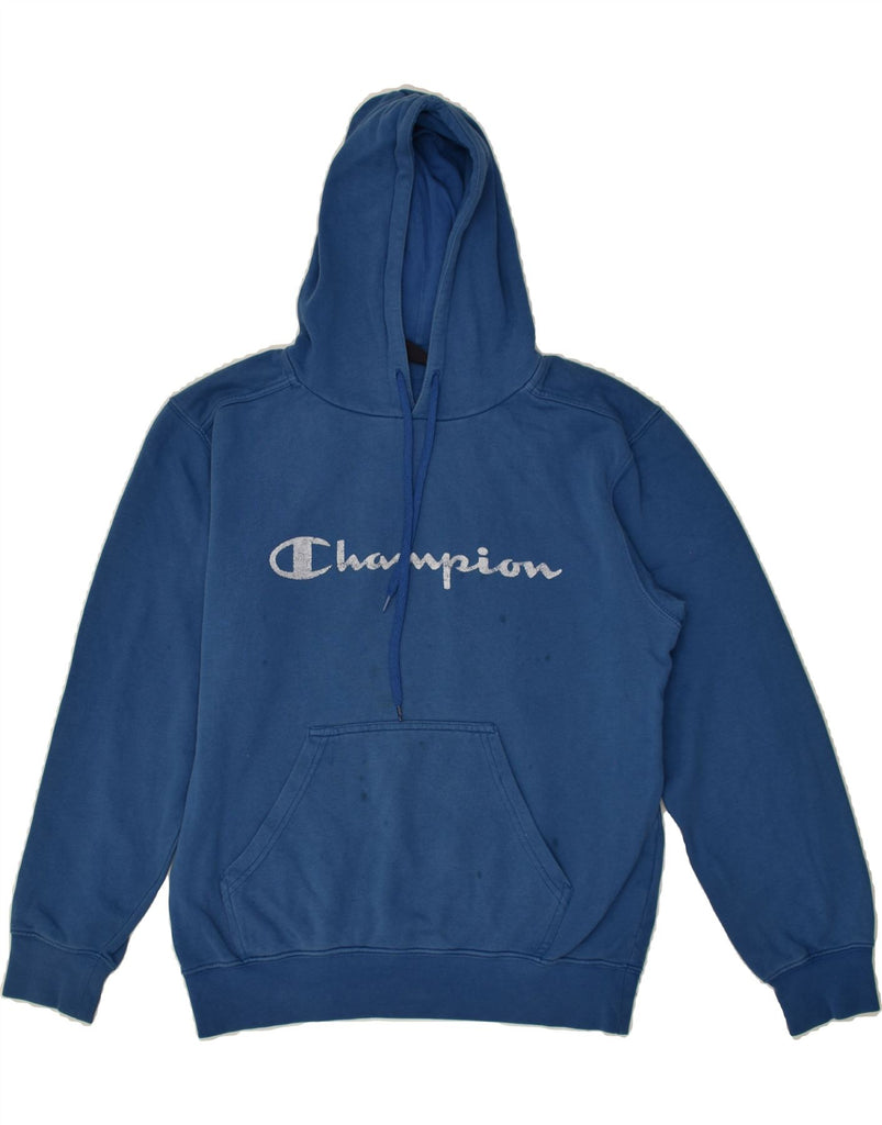 CHAMPION Womens Graphic Hoodie Jumper UK 14 Medium Blue Cotton | Vintage Champion | Thrift | Second-Hand Champion | Used Clothing | Messina Hembry 