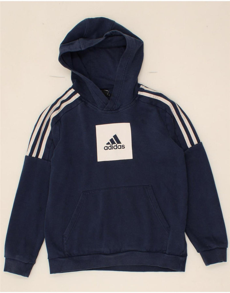 ADIDAS Boys Graphic Hoodie Jumper 11-12 Years Navy Blue Cotton Vintage Adidas and Second-Hand Adidas from Messina Hembry 