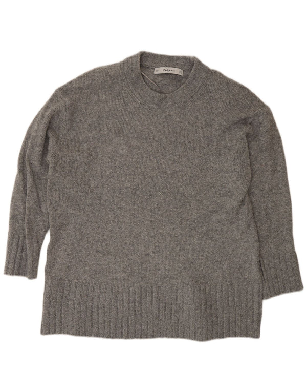 Zara Womens Oversized Crew Neck Jumper Sweater UK 14 Medium Grey Acrylic