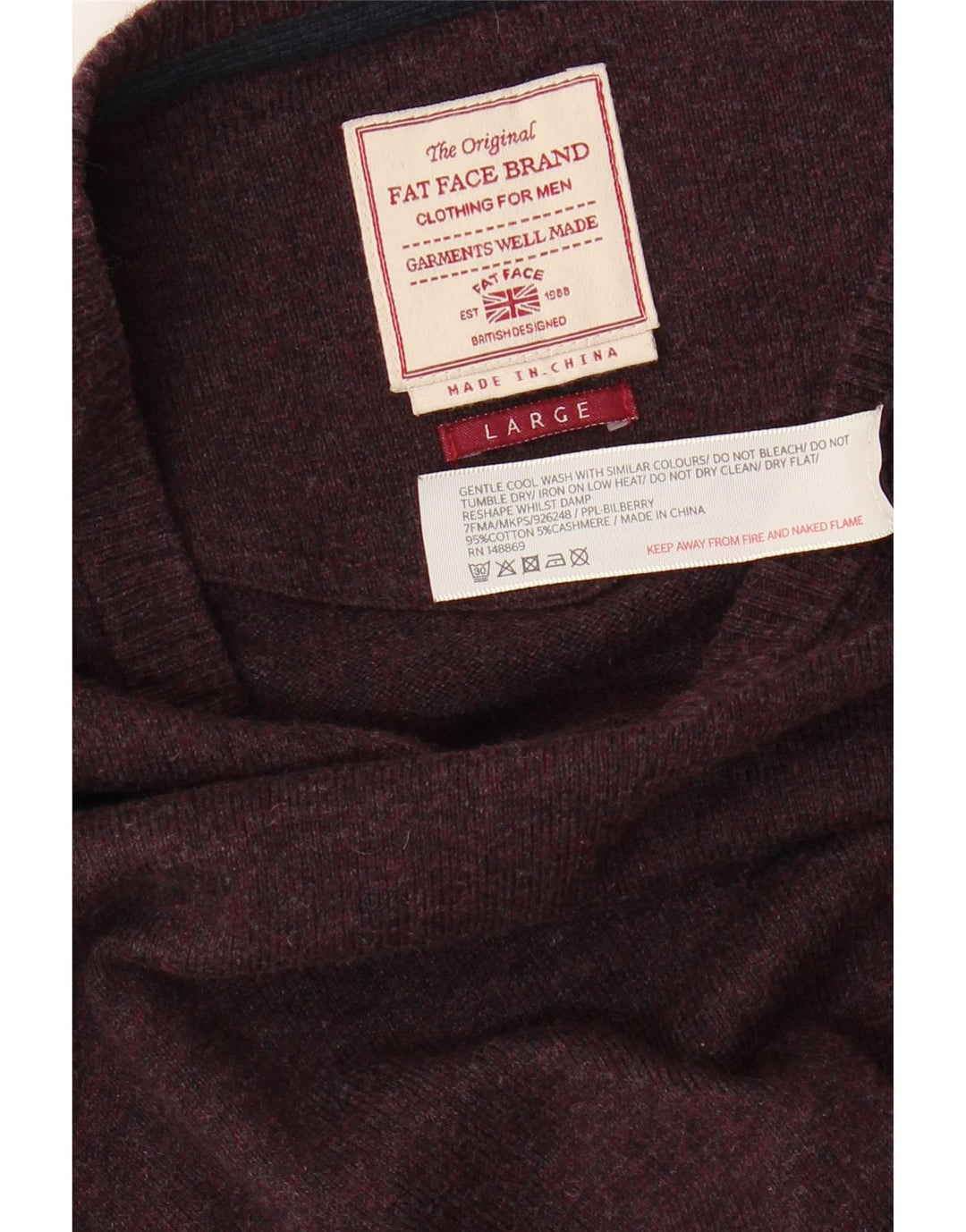 FAT FACE Mens V-Neck Jumper Sweater Large Burgundy Cotton