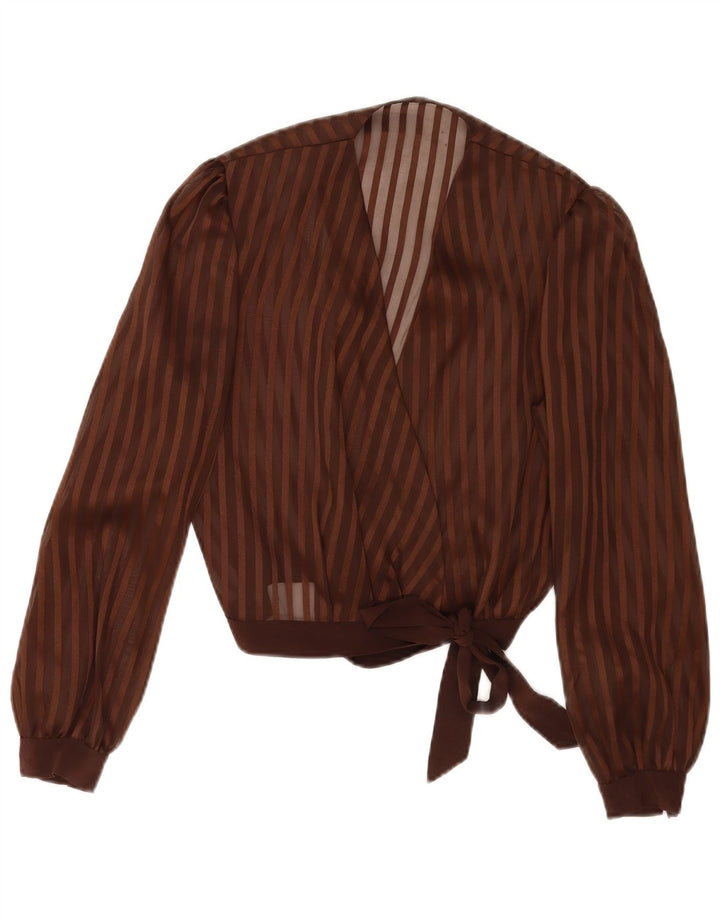 Vintage Womens Crop Wrap Shirt Blouse UK 14 Medium Brown Striped