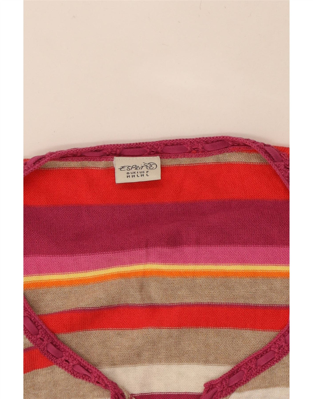 ESPRIT Womens V-Neck Jumper Sweater UK 12 Medium Multicoloured Striped Vintage Esprit and Second-Hand Esprit from Messina Hembry 