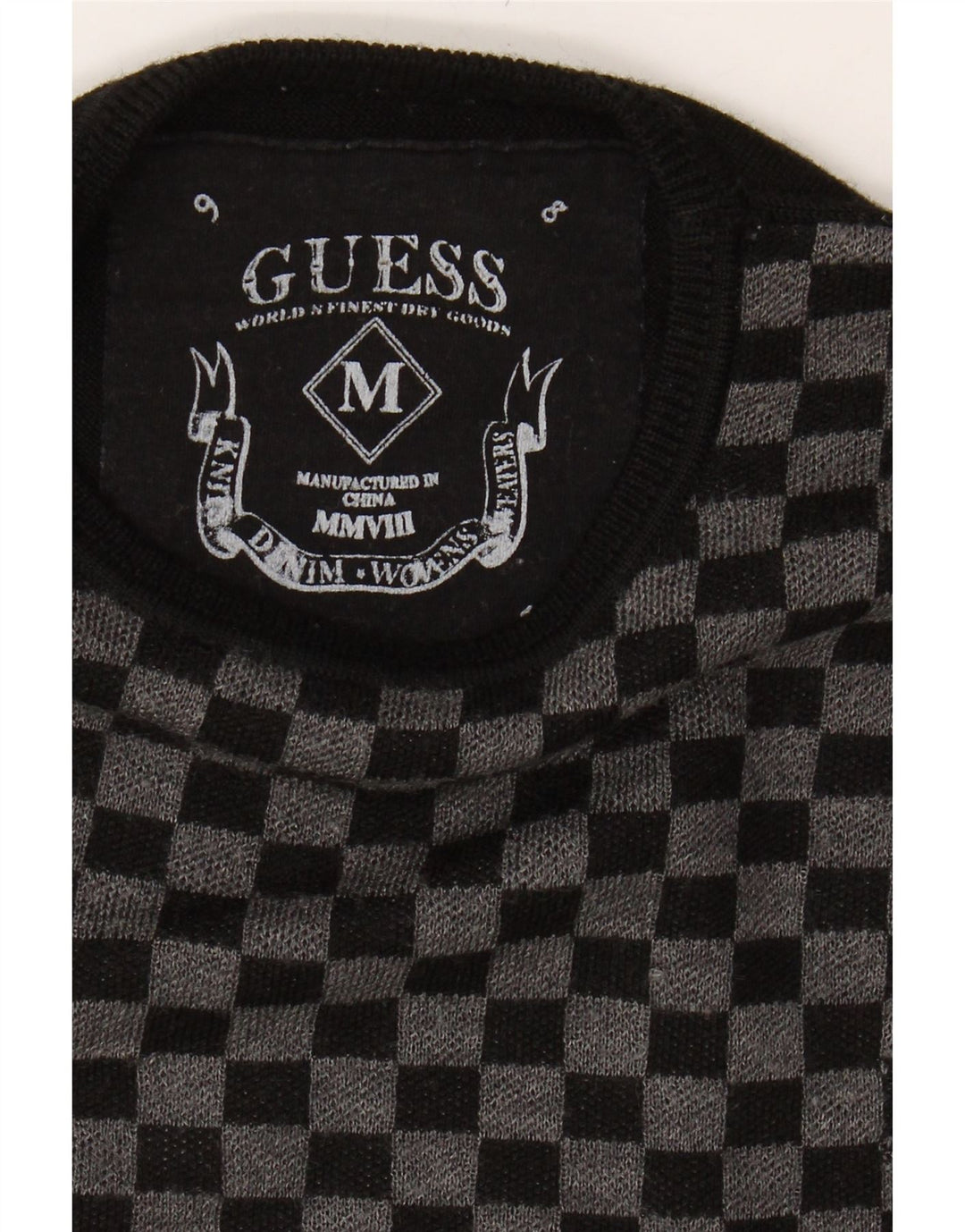 GUESS Mens Crew Neck Jumper Sweater Medium Black Check Wool Vintage Guess and Second-Hand Guess from Messina Hembry 