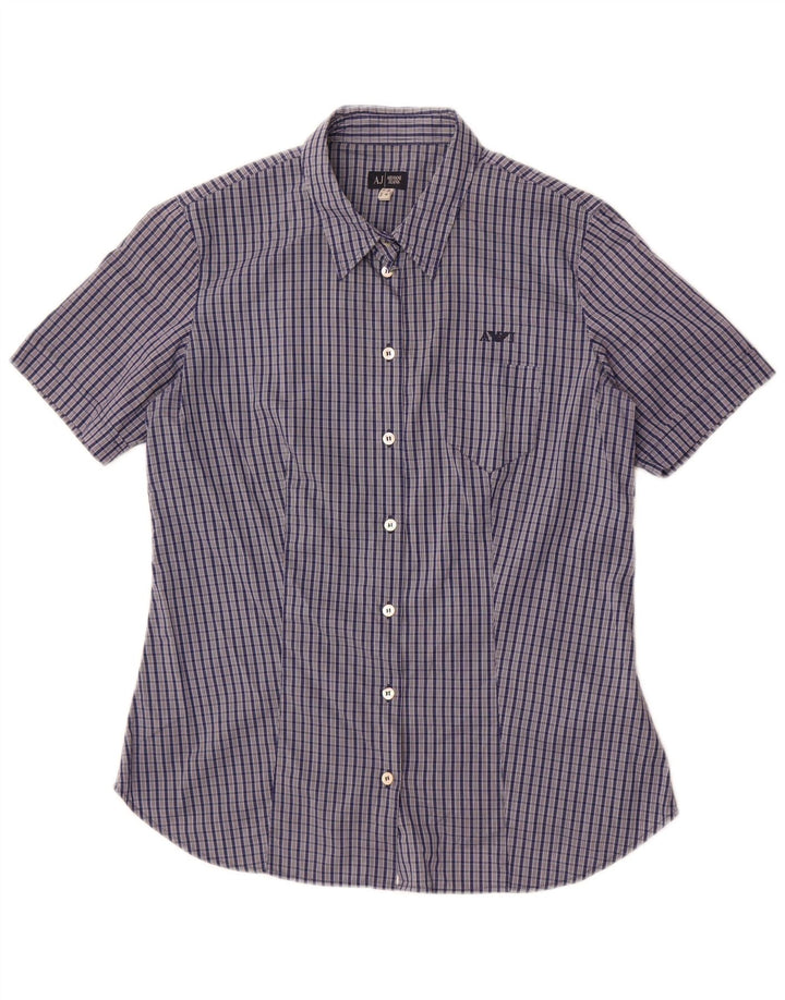 Armani Jeans Womens Short Sleeve Shirt US 8 Medium Navy Blue Check Cotton