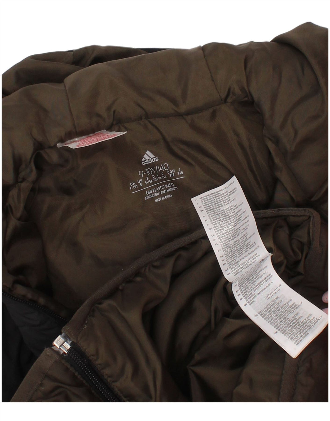 Adidas Boys Hooded Padded Jacket 9-10 Years Khaki Colourblock Polyester