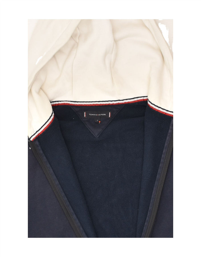 TOMMY HILFIGER Mens Graphic Zip Hoodie Sweater Small Navy Blue Colourblock | Vintage Tommy Hilfiger | Thrift | Second-Hand Tommy Hilfiger | Used Clothing | Messina Hembry 