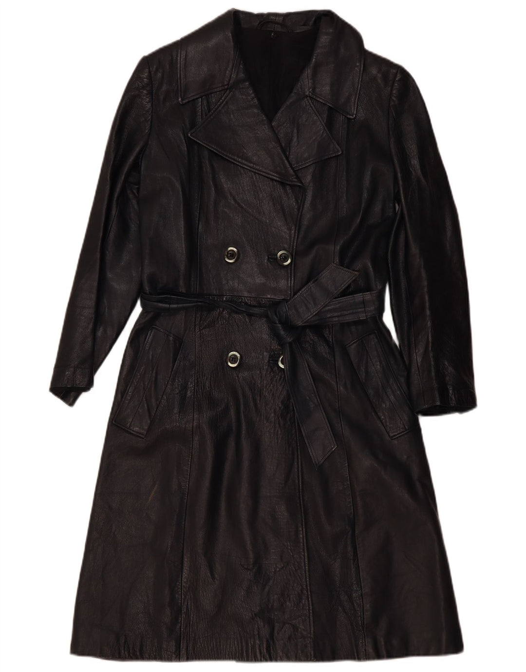 Vintage Womens Double Breasted Leather Coat UK 4 XS Black