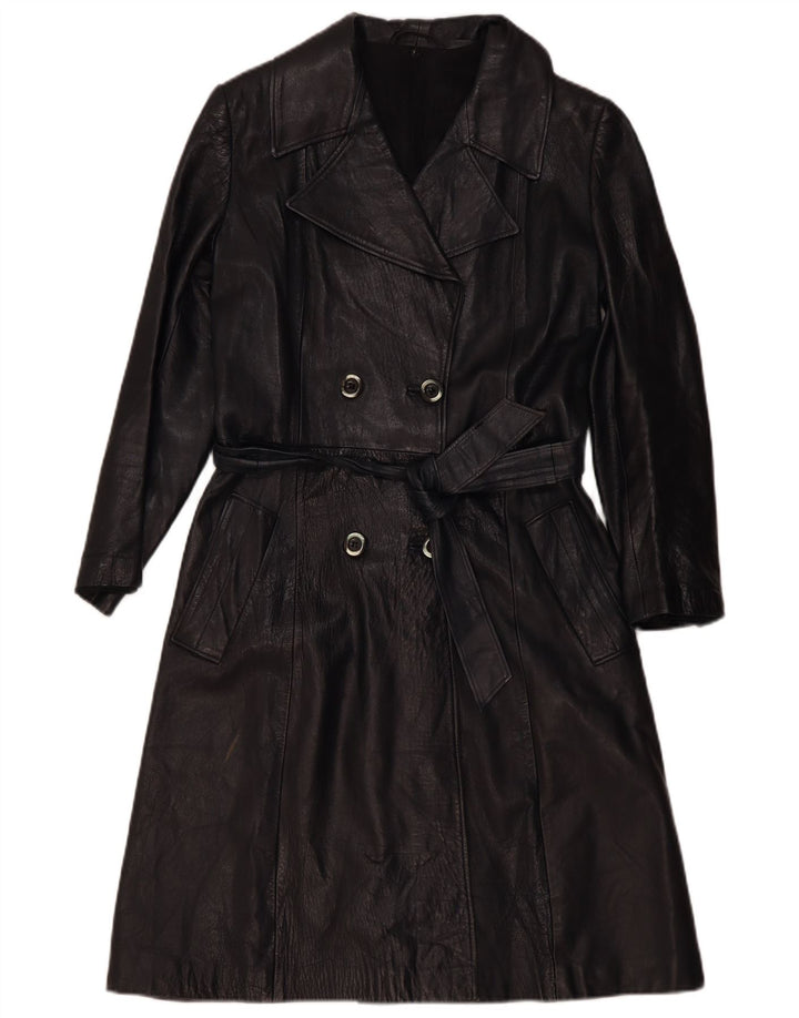 Vintage Womens Double Breasted Leather Coat UK 4 XS Black