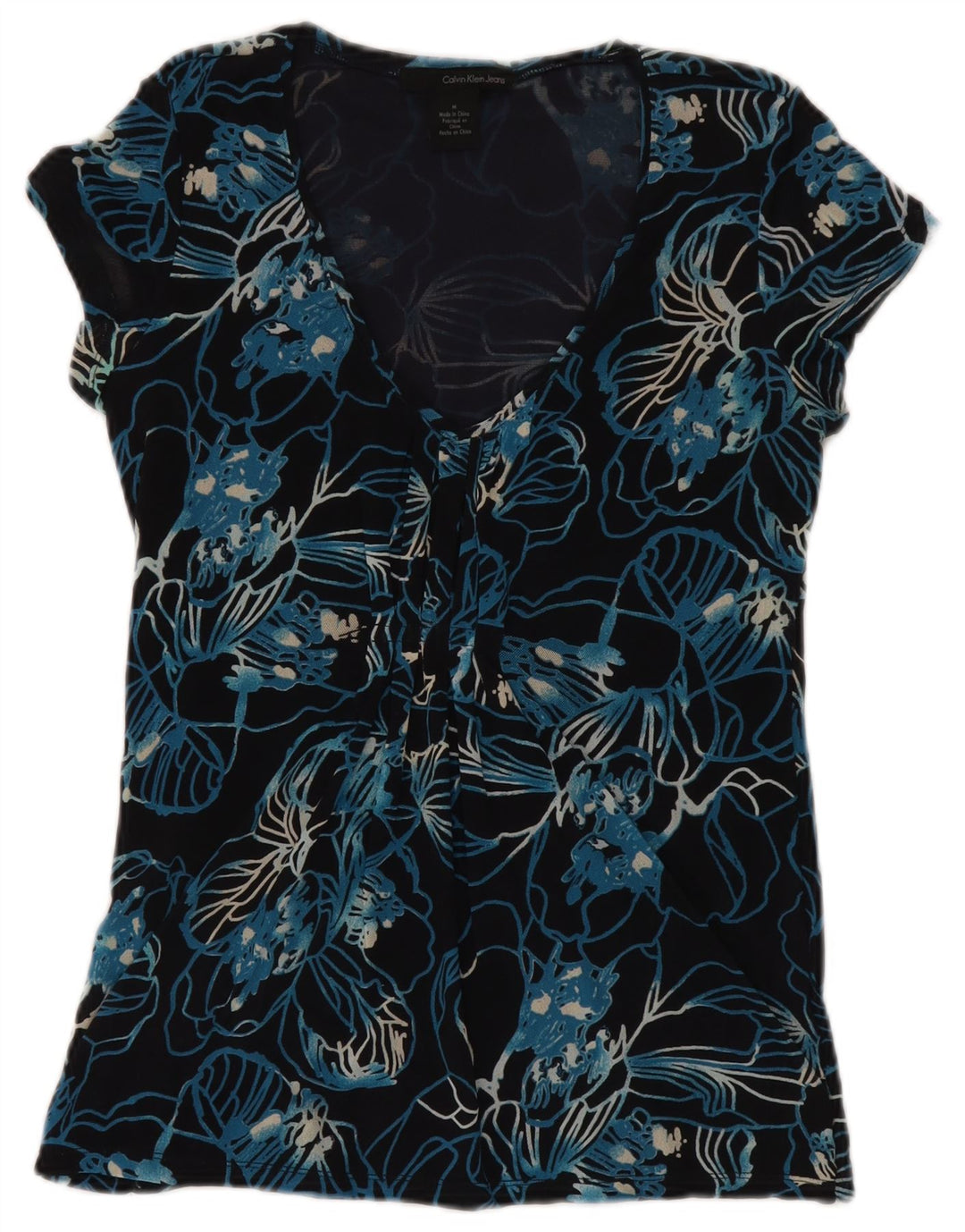 Calvin Klein Jeans Womens Blouse Top UK 12 Medium Navy Blue Floral