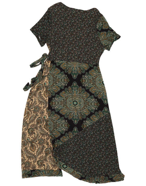 Vintage Womens Wrap Dress UK 20 2XL Green Patchwork Viscose Bohemian