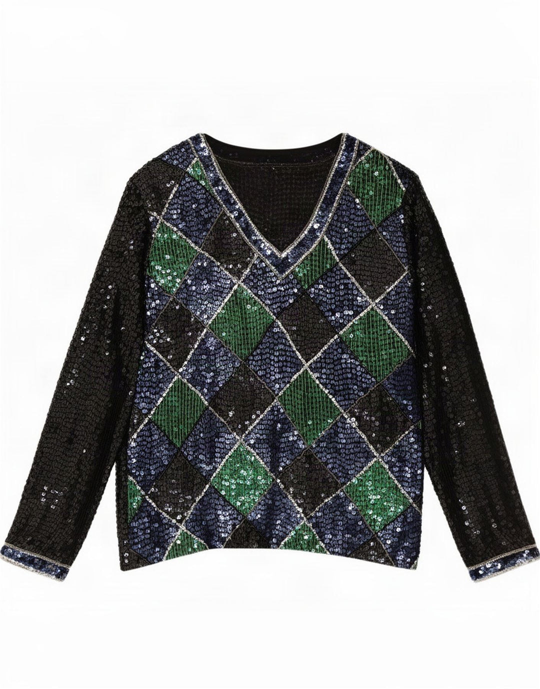 Vintage Womens Sequin Blouse Top UK 10 Small Black Argyle/Diamond