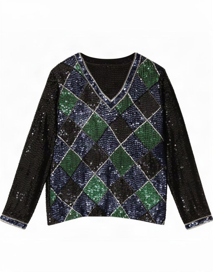 Vintage Womens Sequin Blouse Top UK 10 Small Black Argyle/Diamond