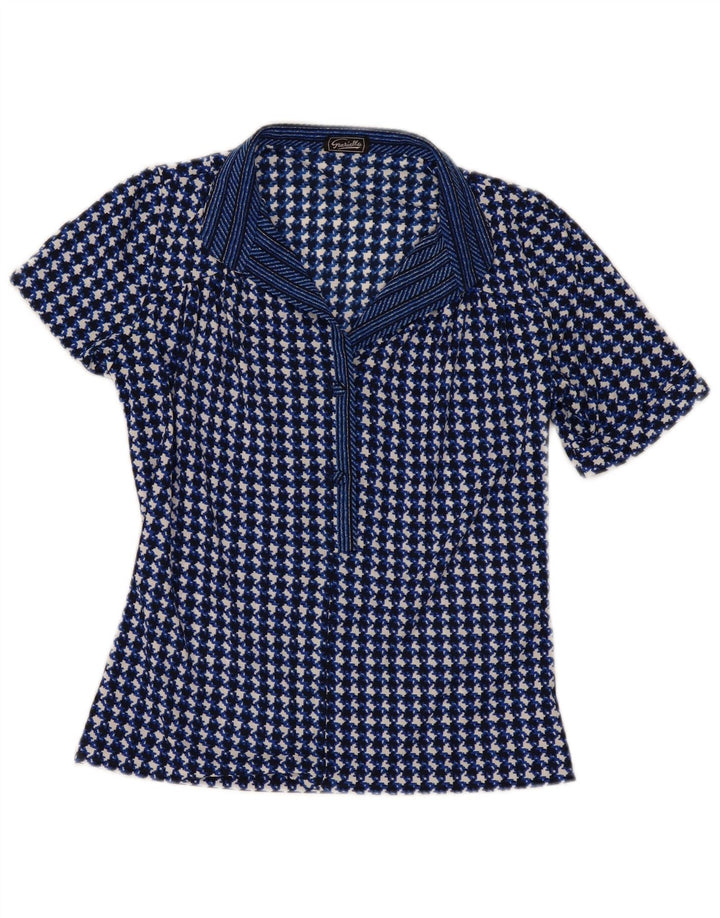 Vintage Womens Blouse Top UK 10 Small Navy Blue Houndstooth