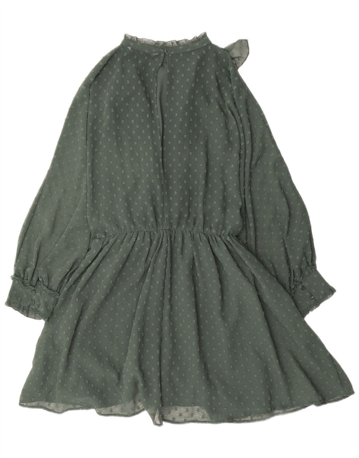 Zara Womens Long Sleeve Ruffle Front A-Line Dress UK 14 Medium Green