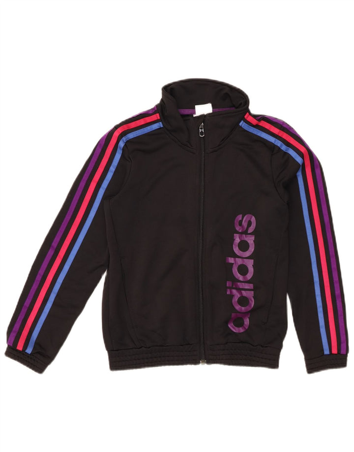 Adidas Girls Graphic Tracksuit Top Jacket 9-10 Years Black Polyester