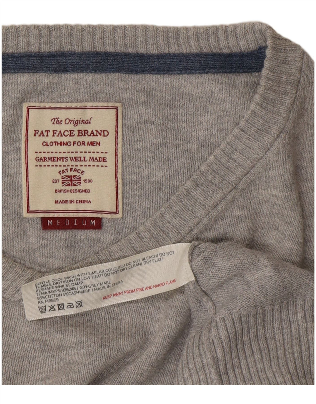 Fat Face Mens V-Neck Jumper Sweater Medium Grey Cotton