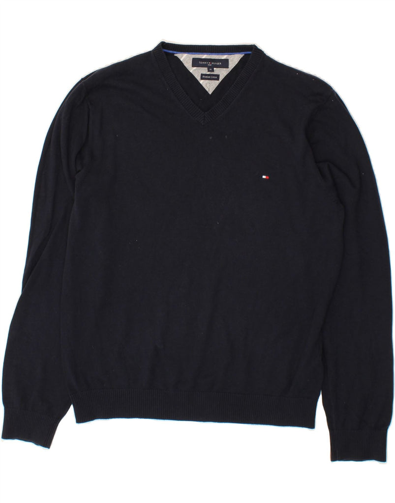 TOMMY HILFIGER Mens V-Neck Jumper Sweater XL Navy Blue Cotton Vintage Tommy Hilfiger and Second-Hand Tommy Hilfiger from Messina Hembry 
