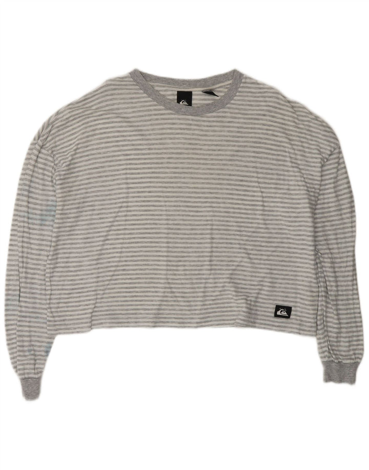 QUIKSILVER Womens Oversized Crop Top Long Sleeve UK 14 Medium Grey Striped