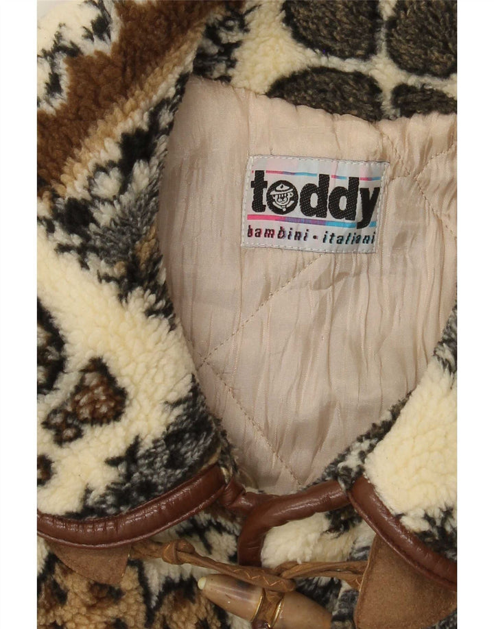 Vintage Womens Graphic Fleece Duffle Coat UK 14 Large Beige Patchwork