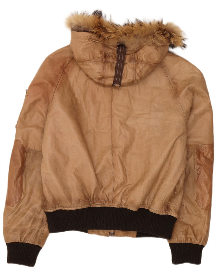 Bata Mens Hooded Leather Jacket IT 50 Large Beige Leather