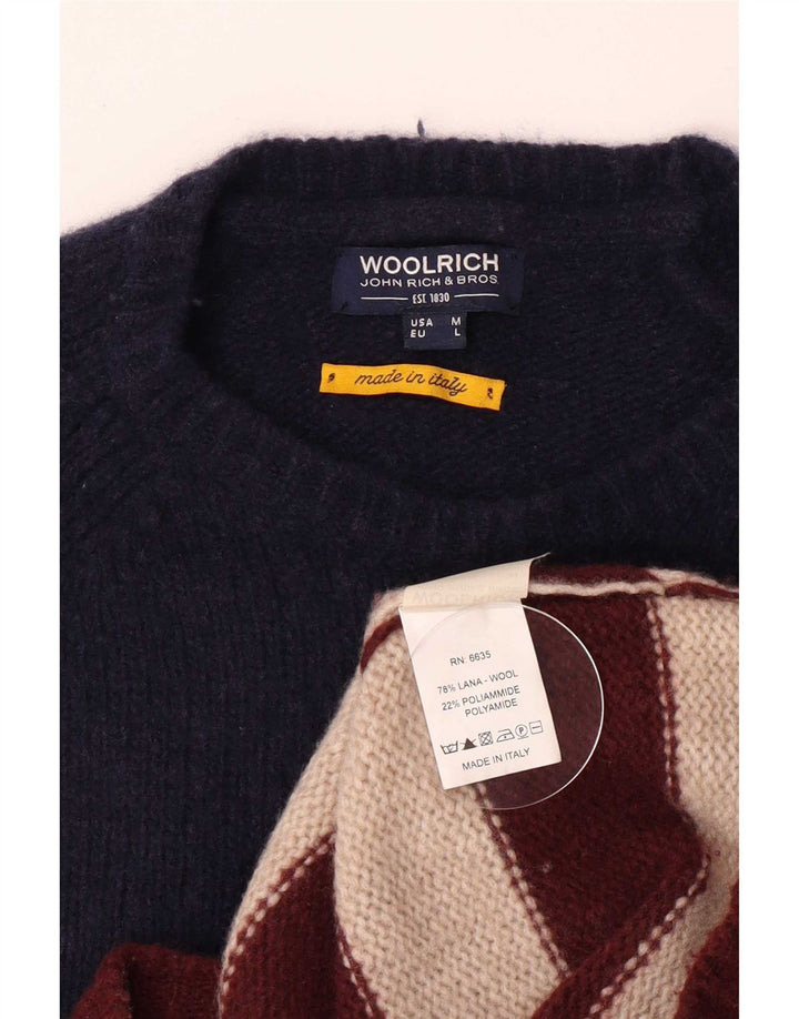 Woolrich Mens Crew Neck Jumper Sweater Medium Navy Blue Striped Wool
