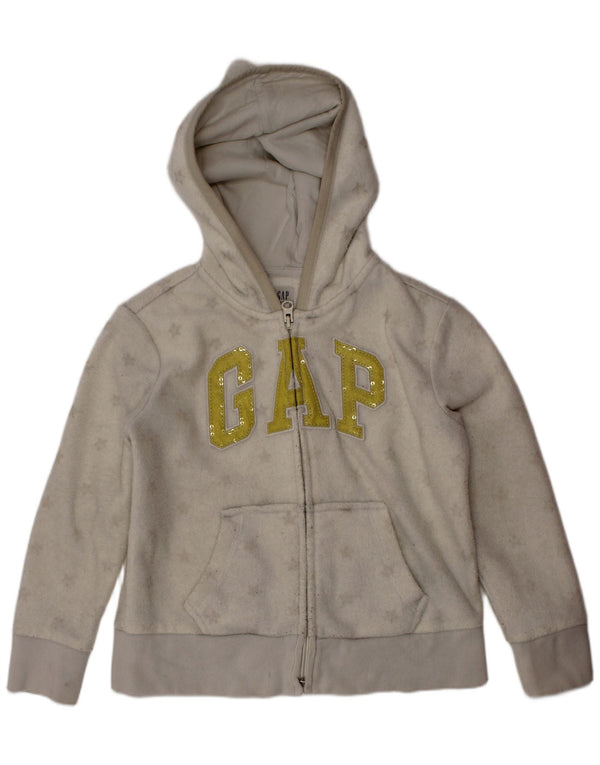 GAP Girls Graphic Hooded Fleece Jacket 6-7 Years Small White Polyester
