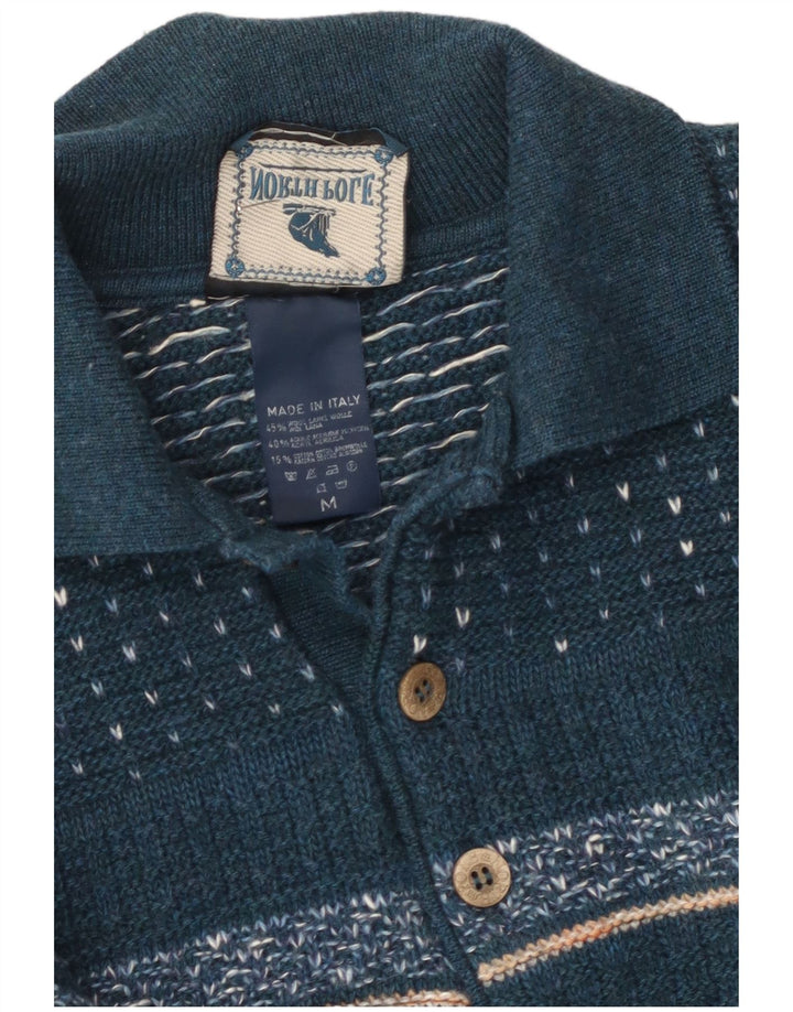 North Pole Mens Polo Neck Jumper Sweater Medium Blue Fair Isle Wool