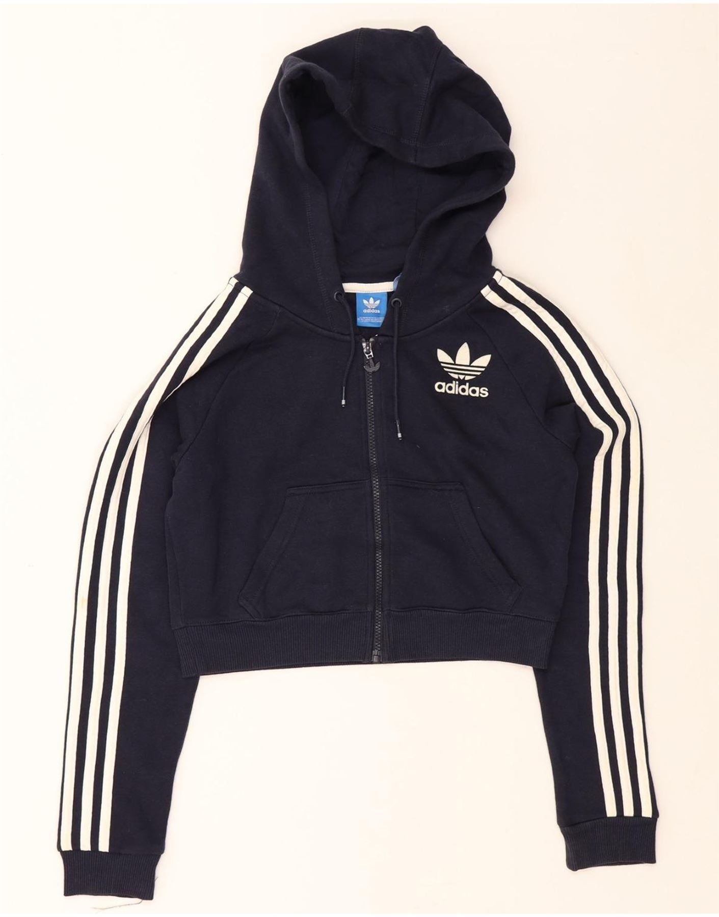 ADIDAS Felpa con cappuccio e zip corta da donna UK XS Blu navy