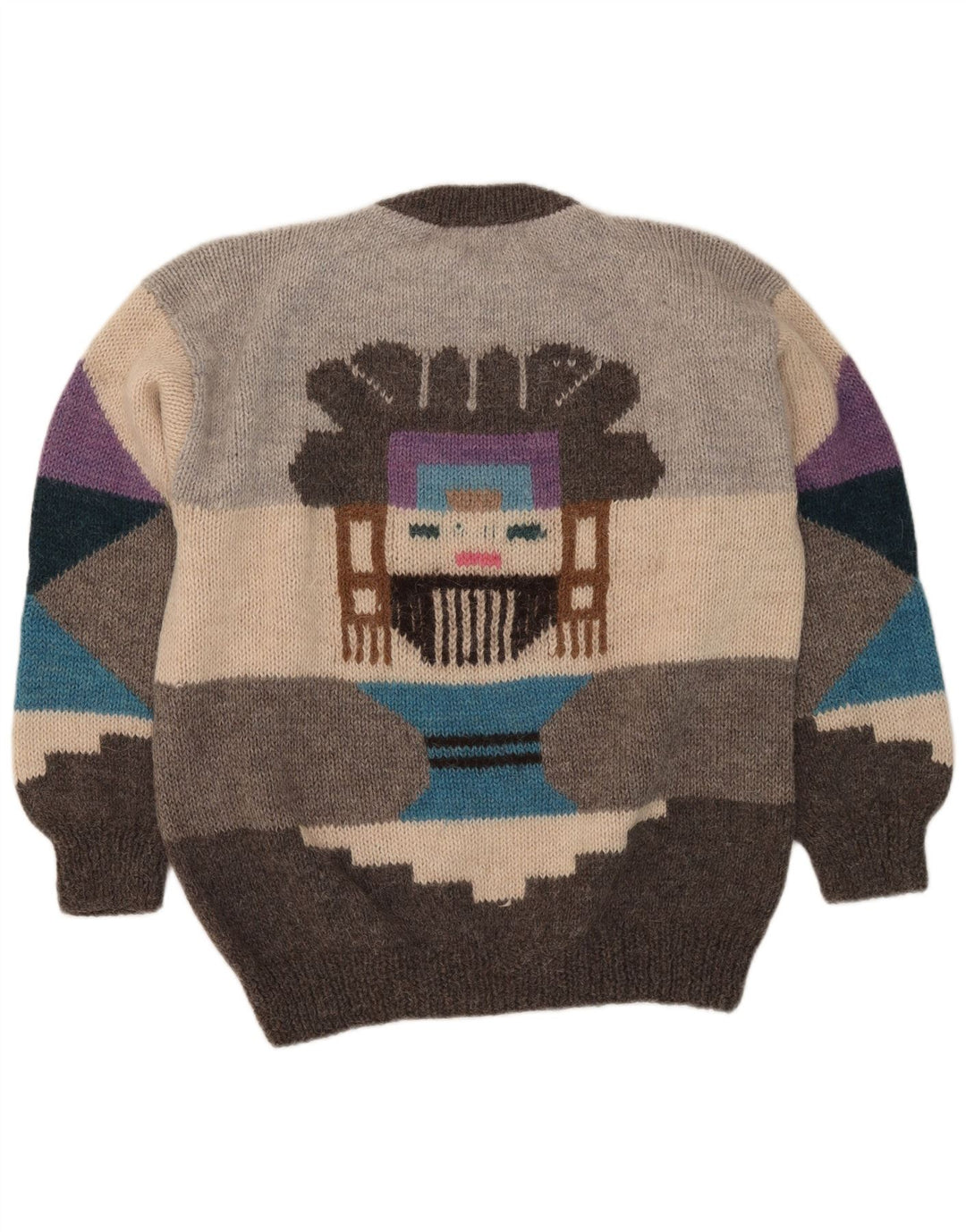 Vintage Mens Graphic Crew Neck Jumper Sweater Large Grey Geometric