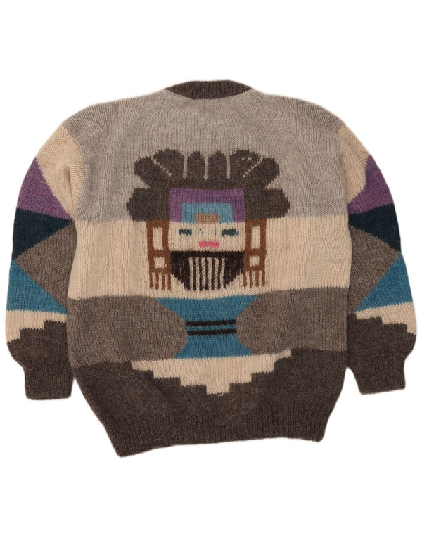 Vintage Mens Graphic Crew Neck Jumper Sweater Large Grey Geometric
