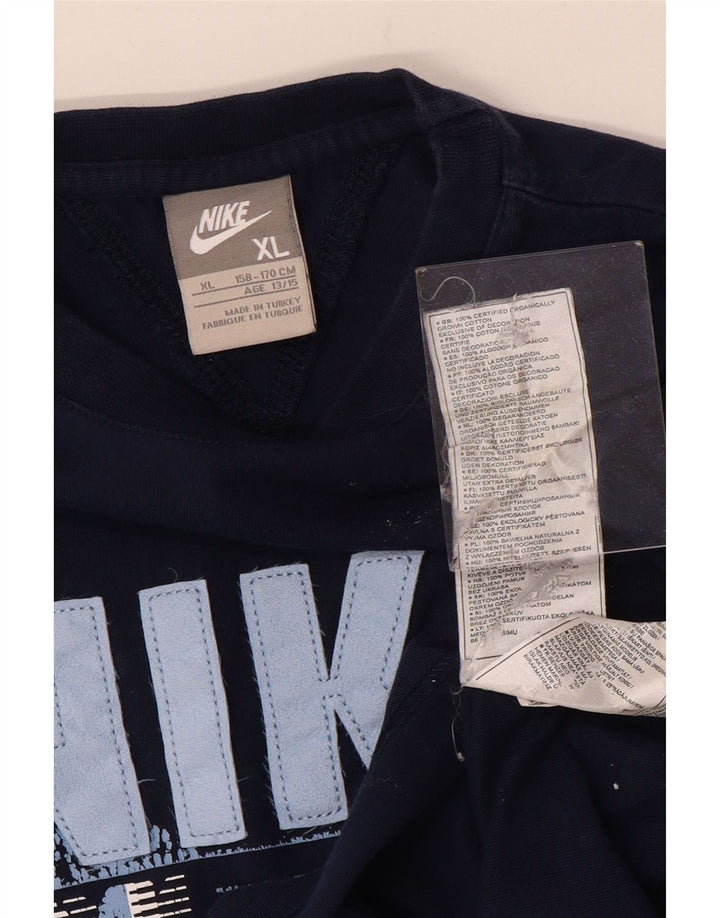 Nike Boys Graphic Top Long Sleeve 13-14 Years XL Navy Blue Colourblock