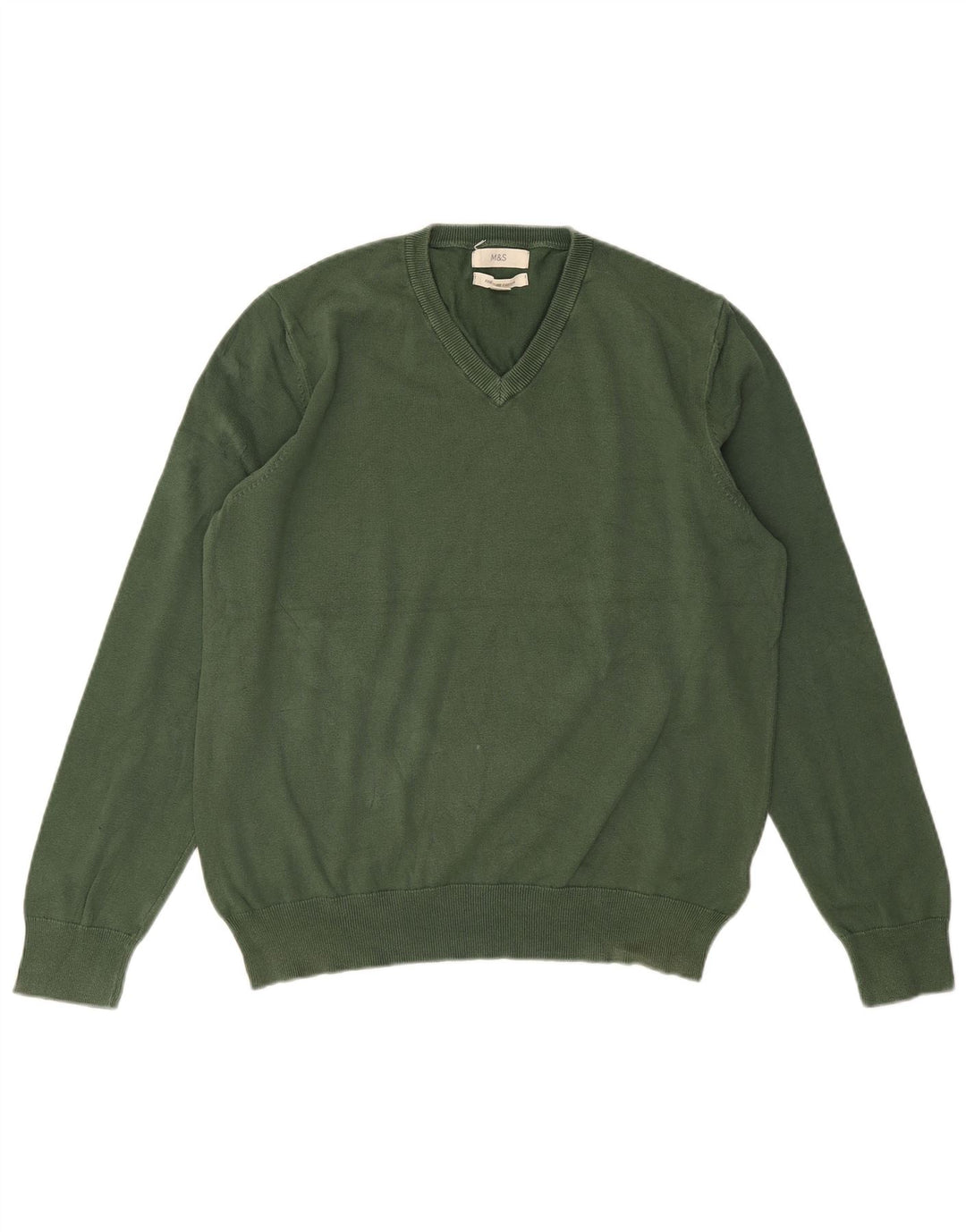 MARKS & SPENCER Mens V-Neck Jumper Sweater Large Green Cotton