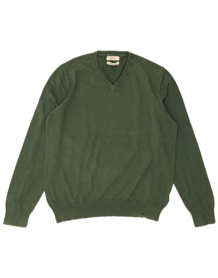MARKS & SPENCER Mens V-Neck Jumper Sweater Large Green Cotton