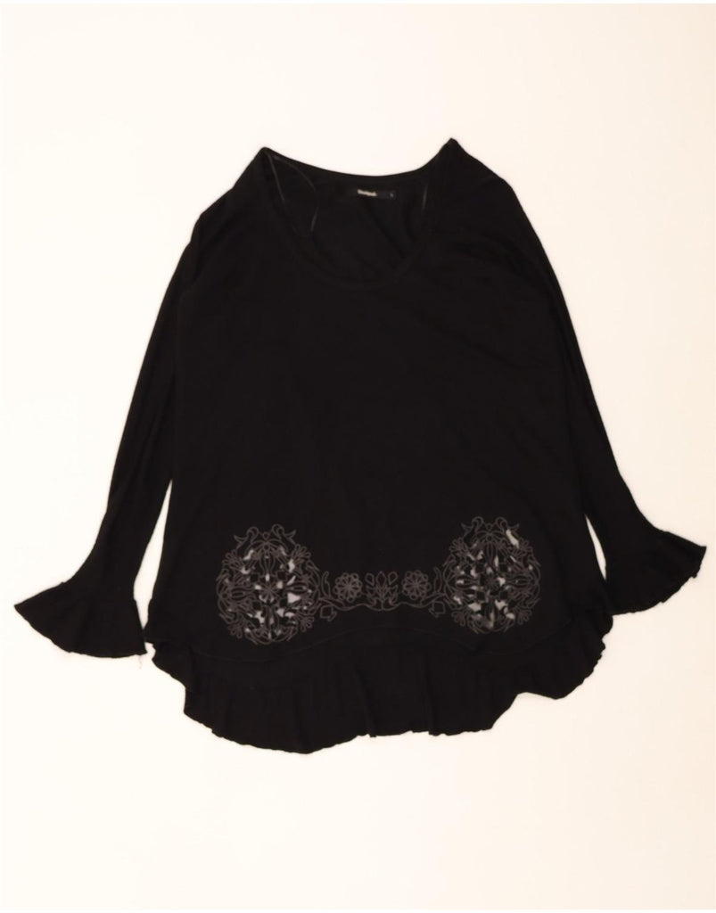 DESIGUAL Womens Top Long Sleeve UK 16 Large Black Floral Viscose Vintage Desigual and Second-Hand Desigual from Messina Hembry 
