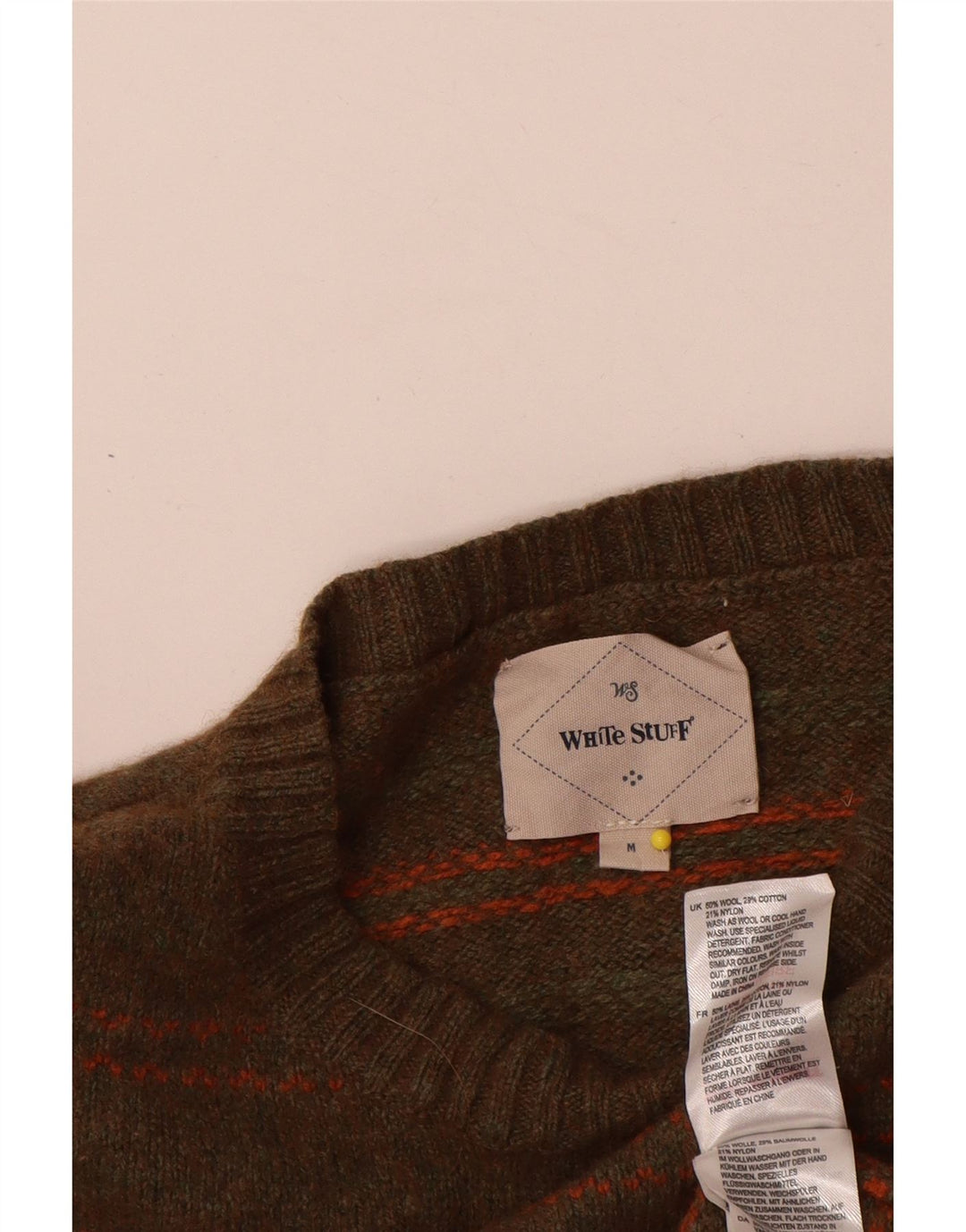White Stuff Mens Crew Neck Jumper Sweater Medium Khaki Striped Wool