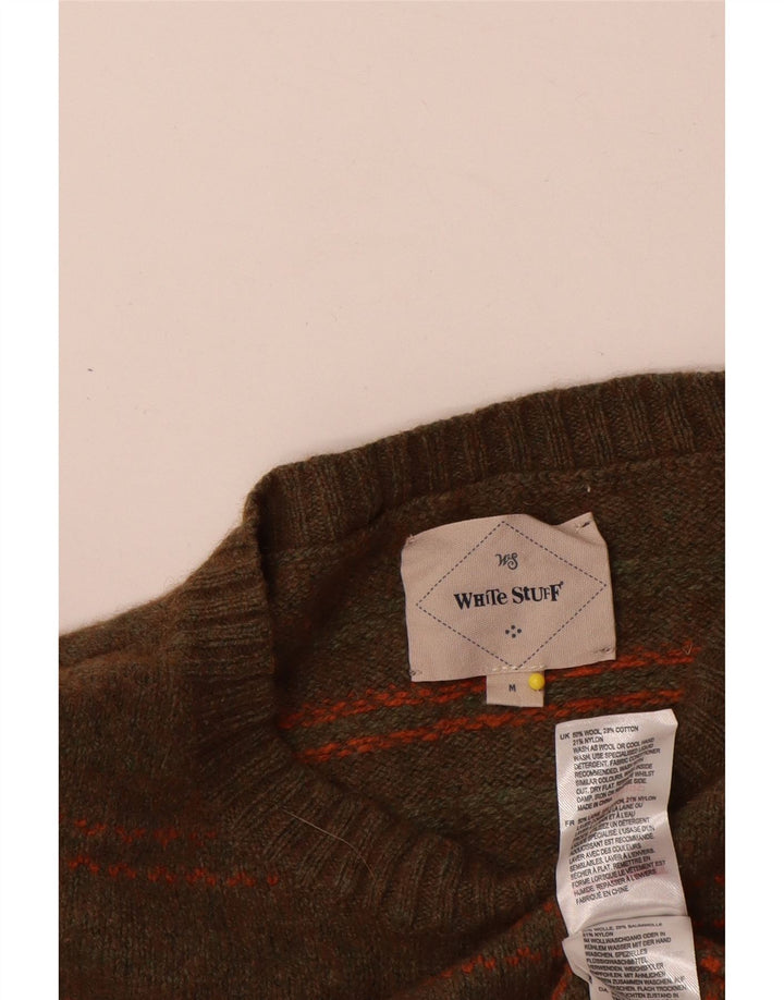 White Stuff Mens Crew Neck Jumper Sweater Medium Khaki Striped Wool