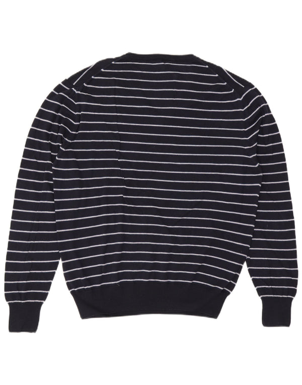 Vintage Mens V-Neck Jumper Sweater 2XL Navy Blue Striped Cotton