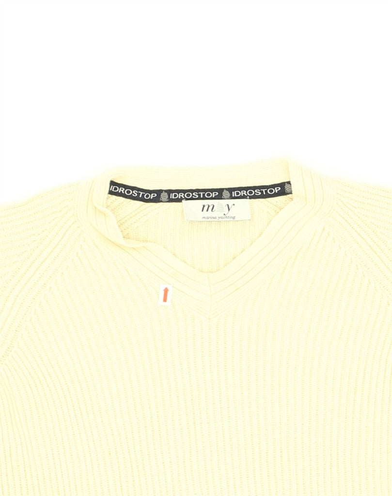 MARINA YACHTING Mens V-Neck Jumper Sweater Small Yellow Cotton | Vintage Marina Yachting | Thrift | Second-Hand Marina Yachting | Used Clothing | Messina Hembry 