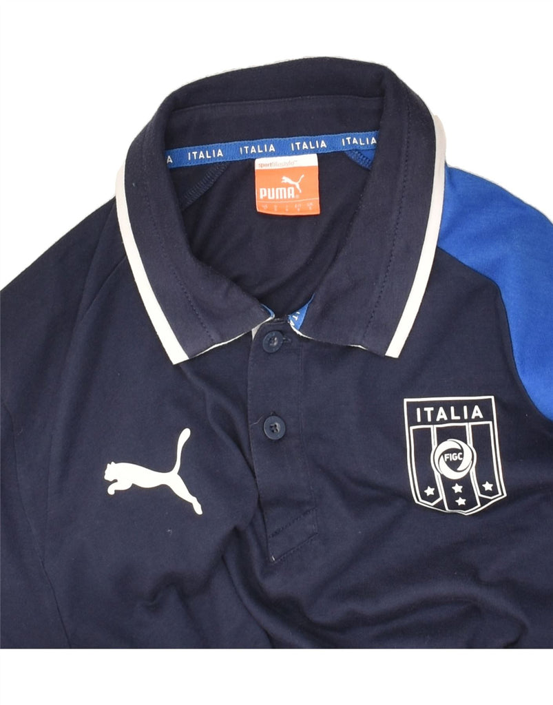 PUMA Mens Polo Shirt Small Navy Blue Colourblock Polyester | Vintage Puma | Thrift | Second-Hand Puma | Used Clothing | Messina Hembry 