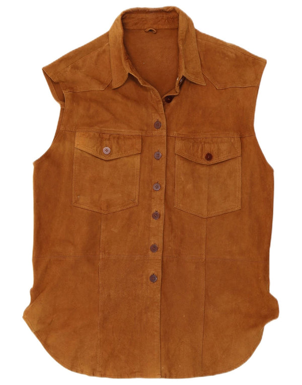 Vintage Womens Sleeveless Suede Shirt UK 16 Large Brown Leather